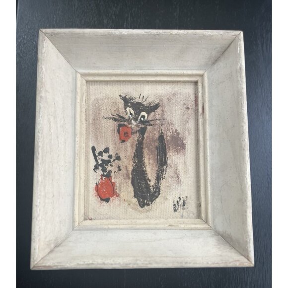 Mid Century Atomic Cat Hand Painted Framed Art Whimsical Cool Cats 7.5x 8.5 x1.5 - Picture 4 of 11
